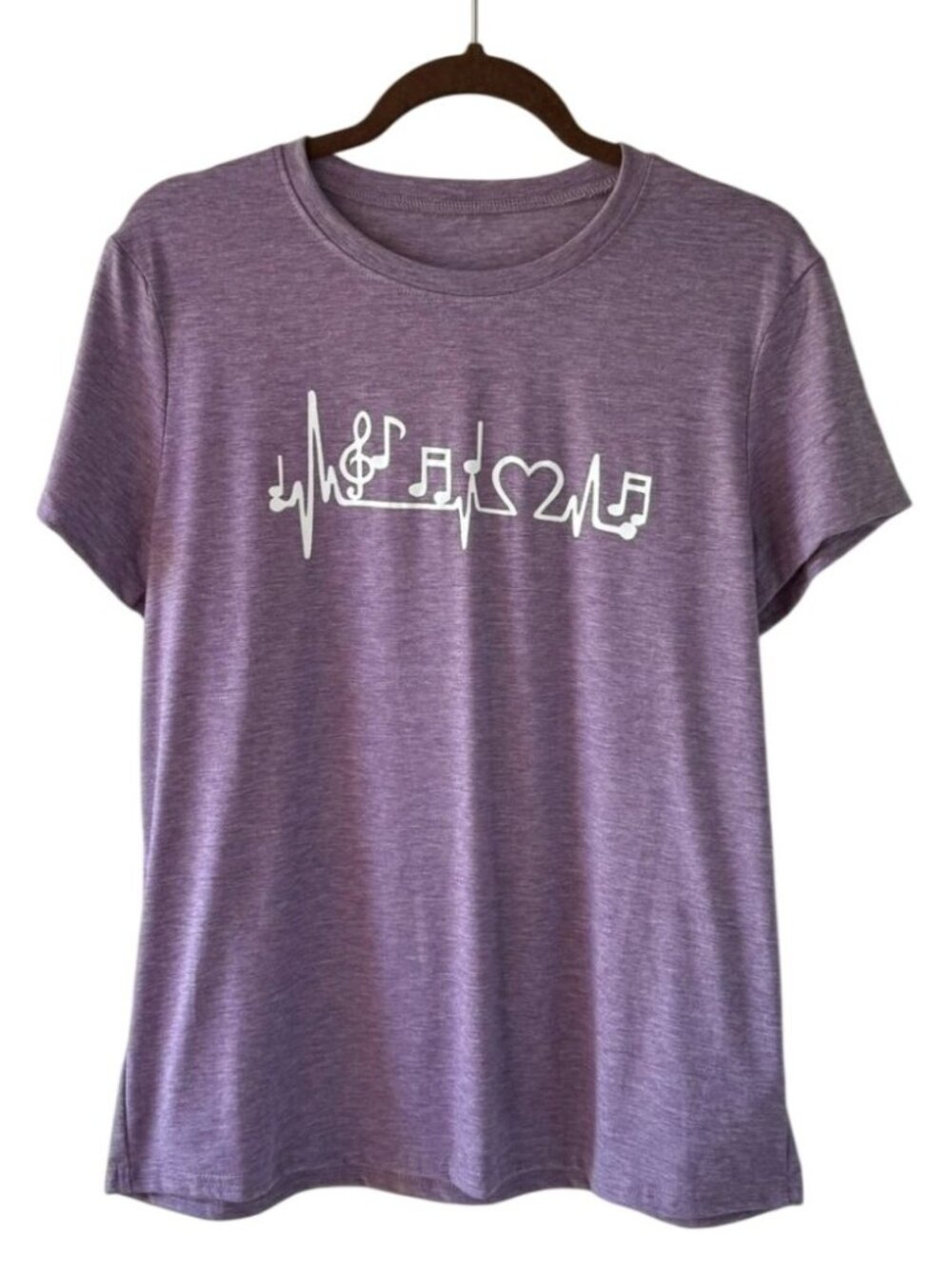 Music Heartbeat Tee Womens L Purple Treble Clef Heart Graphic Shirt